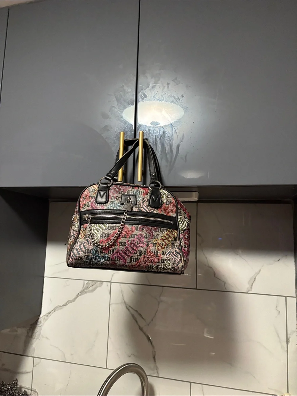 Juicy Couture Multicolor Logo Print Dome Satchel with Black Trim w:straps